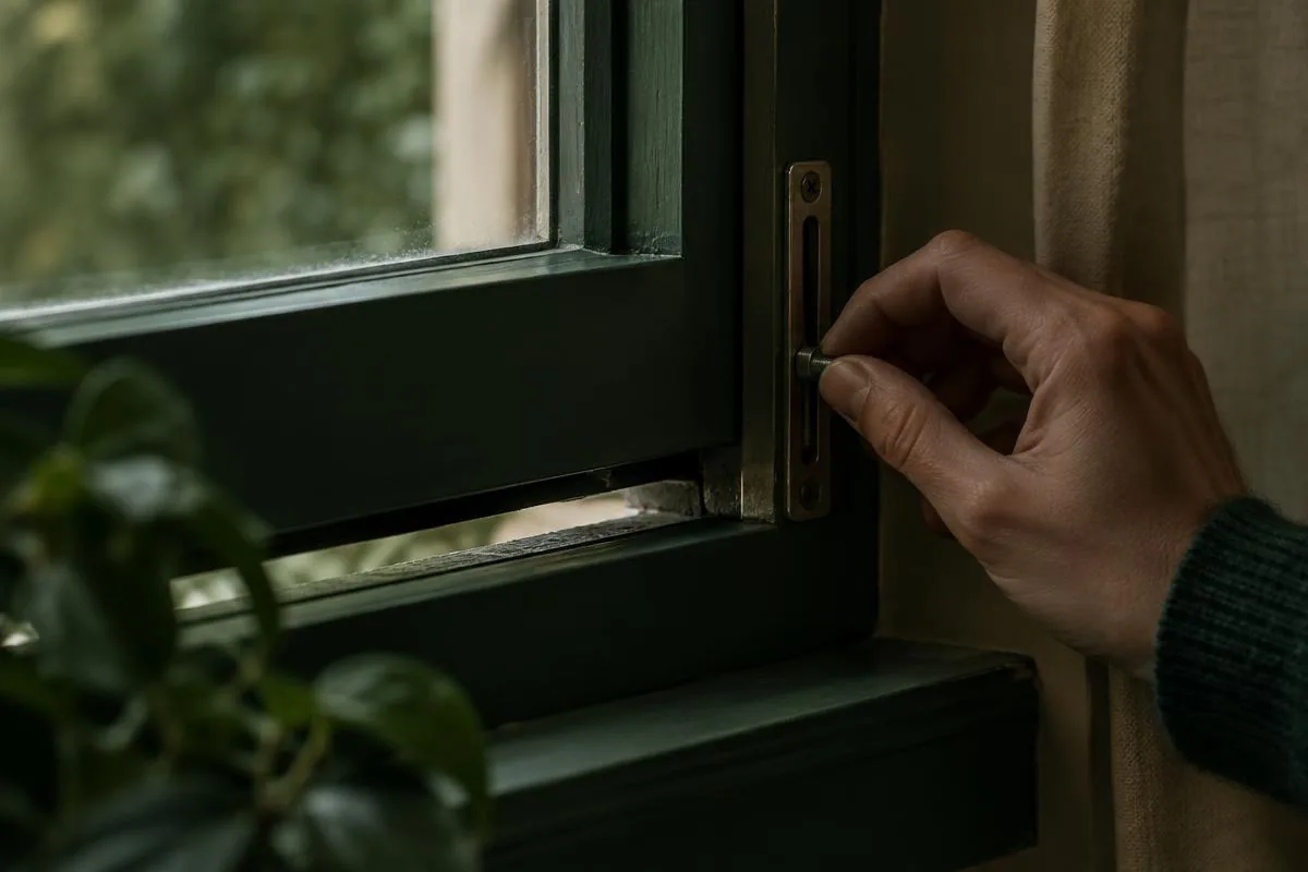 Châssis qui ferme mal avec un jour visible et main qui règle le mécanisme